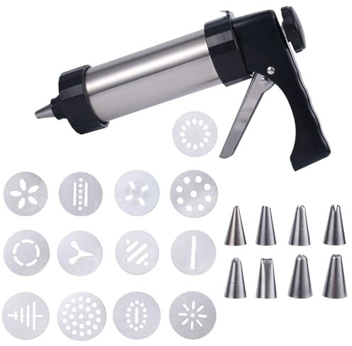 BOXOB Spritz Cookies Press Kit for Baking, Stainless Steel Biscuit Press Gun with 13 Cookie Discs & 8 Piping Tips Baking Decorating Supplies for DIY Cake Maker Dessert