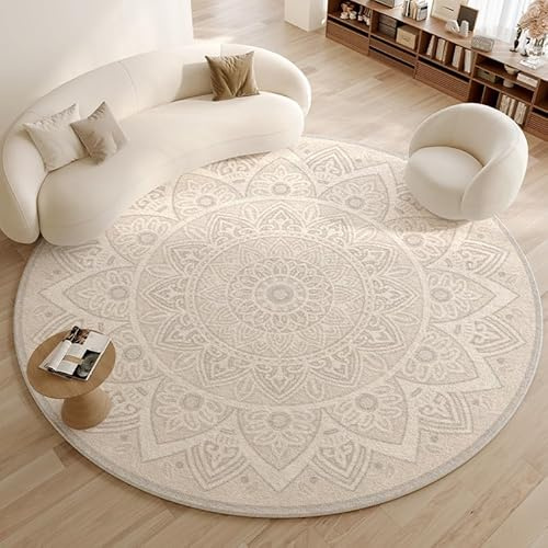 Flauschiger Teppich Mandala Beige Waschbare Teppiche Anti Rutsch Wohnzimmer Schlafzimmer Kinderzimmer Mädchen für Balkon Weich Wetterfest Indoor Outdoor Teppich Rund 60 cm