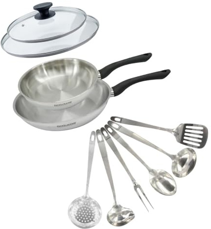Fackelmann 9445850 Set 2 padelle 24 e 28 cm in acciaio inox 18/8, 2 coperchi in vetro e 6 utensili in acciaio inox, padella a induzione, padella senza PFAS, acciaio inossidabile 18/8, vetro, 24 e 28