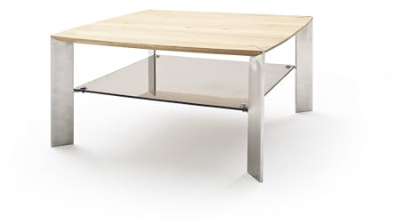 Couchtisch >Nelia< 80x80 cm quadratisch mit massiver Eichenplatte, Glasablage in Bronze und Edelstahl-Optik-Gestell ? modernes Design, edle Materialien & hohe Stabilität