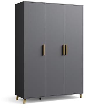 Rauch Möbel Shinjo Kleiderschrank, Garderobe, für Schlafzimmer, Kinderzimmer, Babyzimmer, 3-türig mit Griffen und Füßen aus Massivholz, Farbe Grau metallic, Schwarz, 140x203x53cm