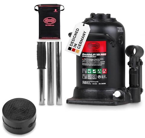 HEYNER® Wagenheber Set 10 t inkl. Gummiauflage, 210-442 mm | 2-stufiger, hydraulischer Unterstellheber im Bundle mit Schutzpad gegen Verrutschen, für Auto, SUV & Transporter