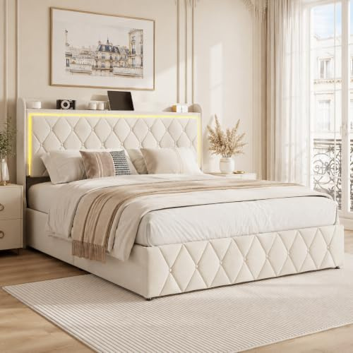 OLIVIBED Bett 140x200, Polsterbett mit Klappbares Kopfteil, Hydraulisch Doppelbett mit Stauraum, Jugendbett Bettgestell für Erwachsene und Jugendliche, Flanell, Ohne Matratze, Beige