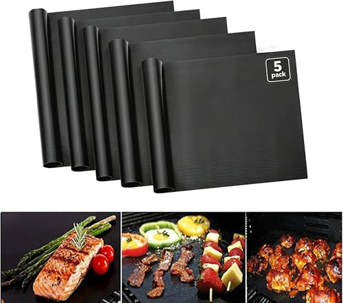 Byitin Extra große BBQ Grillmatte 5er Pack (40x50 cm) - Wiederverwendbare Teflon Grillmatte für Gasgrill, Holzkohle & Elektrogrill, Antihaft PFOA-frei, Grillunterlage & Bodenschutz