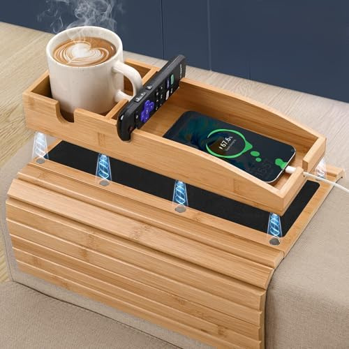Bandeja de Brazo para Sofá, Mesa de Brazo de Sofá de Bambú Plegable, Magnética Extraíble Bandeja para Reposabrazos de Sofá Antideslizante con Portavasos, Mesa Lateral para Aperitivos Teléfonos Bebidas