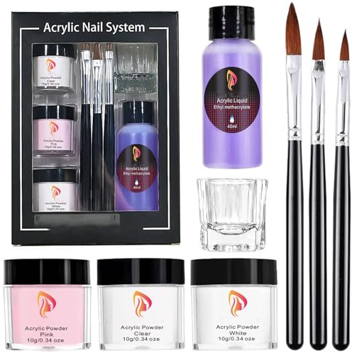 Acrylic Nail Kit，3 Colors Acrylic Nail Kit Powder with Nail Brush, Pink Nudes Clear Nail Acrylic Powder Large Capacity Set - Acrylic Liquid set Nails Extension for Beginners，Quick Gel Extensions