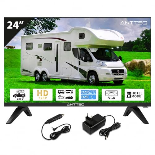 Antteq Televisore LED 24 Pollici (60 cm) HD con 12V – Senza Smart TV, Triple Tuner DVB-C/T2/S2, Modalità Hotel, Audio Dolby, SCART & CI+ – Ideale per Camper, Campeggio e Hotel | Triple Tuner DVB-C/T2/S2, modalità hotel, Dolby Audio, VGA, HDMI, USB, SCART e CI+, ideale per camper, campeggio, camion
