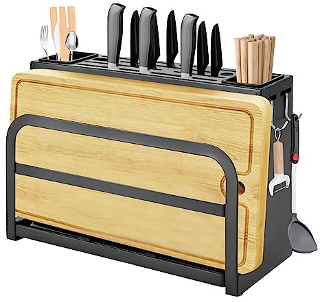 Bloc à couteaux en acier au carbone noir - Support de couteaux - Support de table et montage mural - Organiseur de cuisine moderne pour couteaux, planches à découper, couverts, gants, capacité de