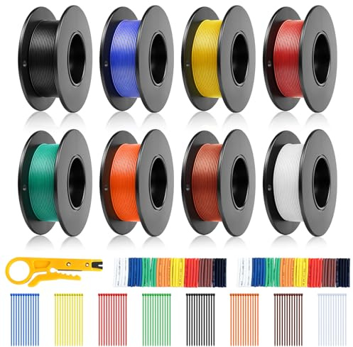 30 AWG Silikon Litzenkabel Set, 8 Farben x 15 m (120 m), 0,055 mm² Verzinnter Kupferdraht, Flexibles Elektrokabel mit Schrumpfschläuchen, Kabelbindern für Arduino, LED, RC, 3D-Drucker & DIY