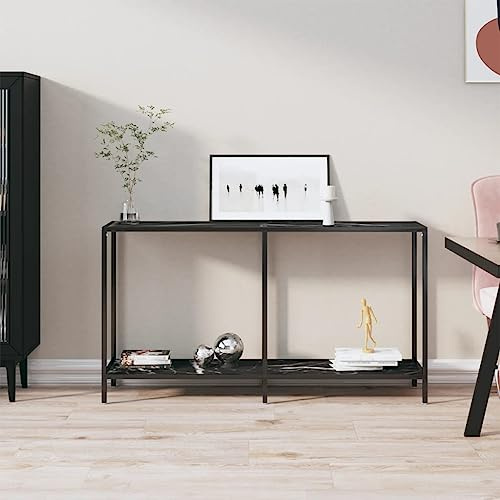 Alveth Black Console Table 140 x 35 x 75.5 cm Tempered Glass and Powder Coated Steel, Hallway Table with Lower Shelf, Storage Space for Living Room Bedroom Sofa and entryway use