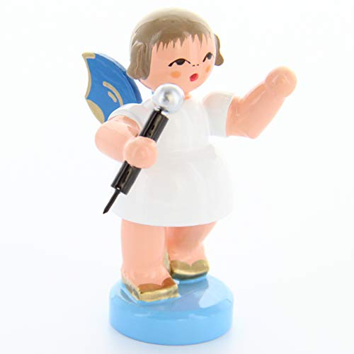 Engel mit Mikrofon - Blaue Flügel - stehend - 6cm / Weihnachtsengel - Original Erzgebirge Engel -Kunstgewerbe Uhlig