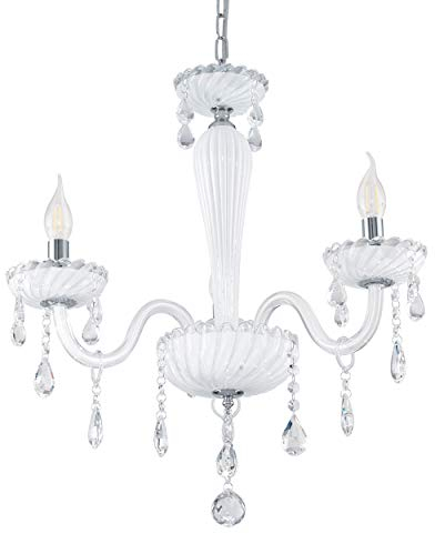 EGLO Pendelleuchte Carpento, 3 flammiger Kronleuchter Vintage, Shabby Chic, Hängelampe aus Stahl und Glas in Chrom, Weiß, Esstischlampe, Wohnzimmerlampe hängend mit E14 Fassung