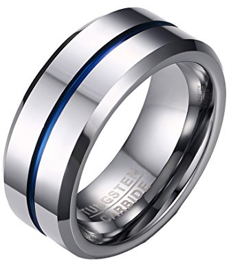 PAURO Herren Tungsten 8mm Ring Blau Grooved Center Poliert Finish Komfort Fit Größe 65