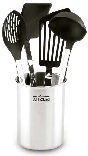 All-Clad Küchenhelfer aus Edelstahl mit Nylonkopf, 4-teiliges Werkzeug-Set mit Caddy Küchenutensilien, Küchenhacks, Silber