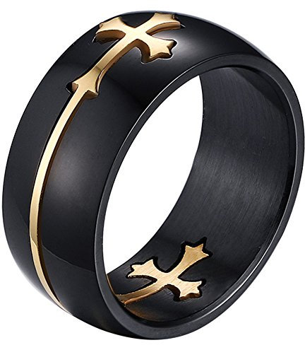 OIDEA Herren Ring Schwarz Kreuz: Bandring 8mm breit Retro Polished Verlobungsringe Trauringe mit abziehbar Gold Kreuz Kruzifix Geburtstag Geschenk für Männer Größe 60