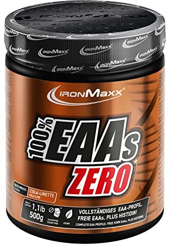 IronMaxx 100% Percento EAAs ZERO Aminoacidi in polvere- integratore a base degli 8 aminoacidi essenziali con alto contenuto di BCAA- vegano- senza zuccheri- gusto: cola- limetta - alta dose- 500g