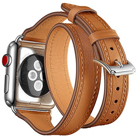 AISPORTS Compatible avec Apple Watch Series 4 44mm/3/2/1 42mm - Bracelet en Cuir Double Tour Fin - Marron