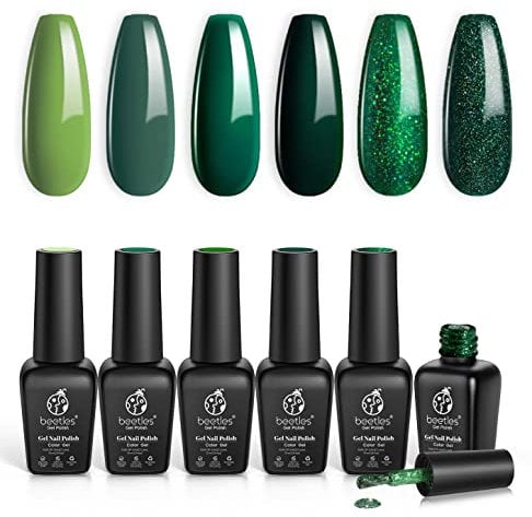 Beetles Green Gel Nail Polish Set - 6 Pcs Carnival Evergreen Glitter Green Sparkle Gel Polish Kit Avocado Dark Green Nail Gel Polish Soak Off UV LED Gel Nail Kit Manicure Gift
