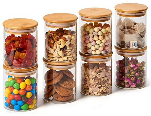 EZOWARE Set di 8 Barattoli di Vetro, Contenitori per la Conservazione degli Alimenti con Coperchio di Legno Bambù Ermetico per Tè Caffè Farina Cereali Fagioli, Vetro Borosilicato - 450ml