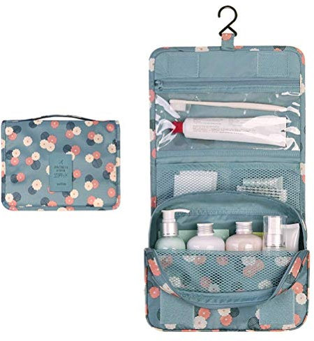 Discoball Portable Trousse de Toilette Multifonction, Sac de Toilette Voyage Imperméable et Suspendu, Trousse de Toilette Pliable Homme Femme (Ⅲ- Fleur Bleue)