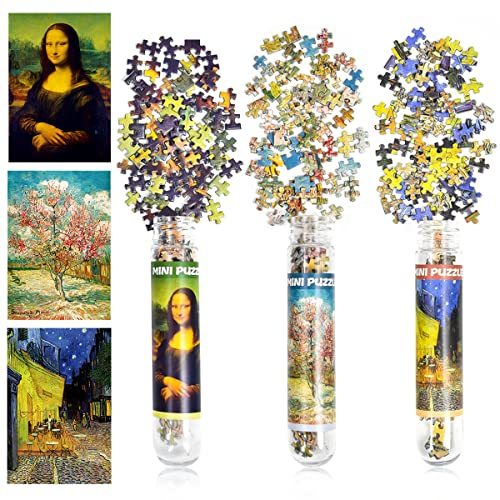 LUUFAN 3 Pack Mini -Puzzles für Erwachsene 150 Stücke, die EIN kleines Puzzle -Puzzle 6 x 4 Zoll Unterhaltungsspielzeug für Wohnkultur herausfordern (Mona Lisa, Pfirsichbaum, Café-Terrasse)
