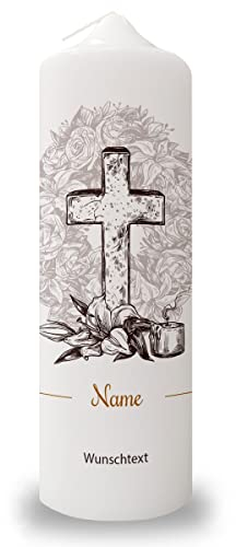 GRAVURZEILE Trauerkerze im Vintage Kreuz Design mit Name & Wunschtext - Hochwertige Stumpenkerze 250/80 mm brilliant bedruckt - Trauerdekoration für das Grab - Geschenk für die Trauernden