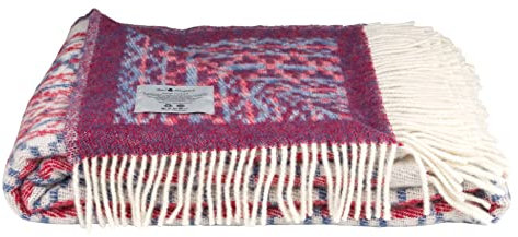 ÖJBRO VANTFABRIK Lycksele gewebte Wolldecke mit Fransen 130x200 cm Natur/rot/blau 100% Schafwolle Strick-Plaid Tagesdecke Quilt warm weich - Hergestellt in Schweden