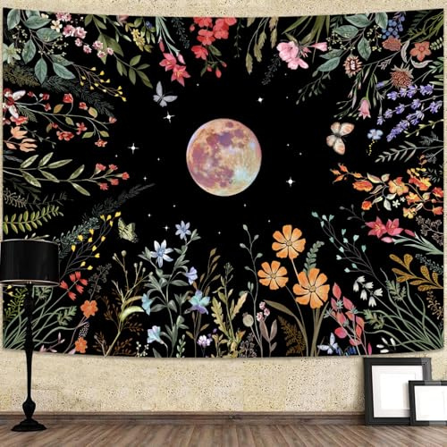 Aipon Wandteppich mit Mondblume, Mondlicht, florale Pflanze, Wandteppich für Schlafzimmer, ästhetische botanische Wandteppiche, Wildblume, Schwarz, Wohnzimmerdekoration (grün, 152.4x127.7 cm)
