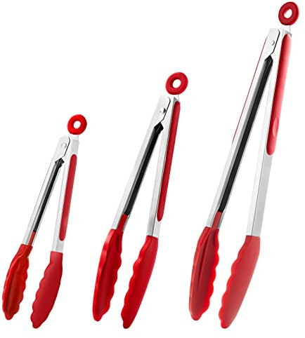 Küchenzange 3er-Set, Edelstahl Grillzange Mit Silikonspitzen Zum Kochen, Grillen, Buffet, 7/9/12 Zoll (Rot)