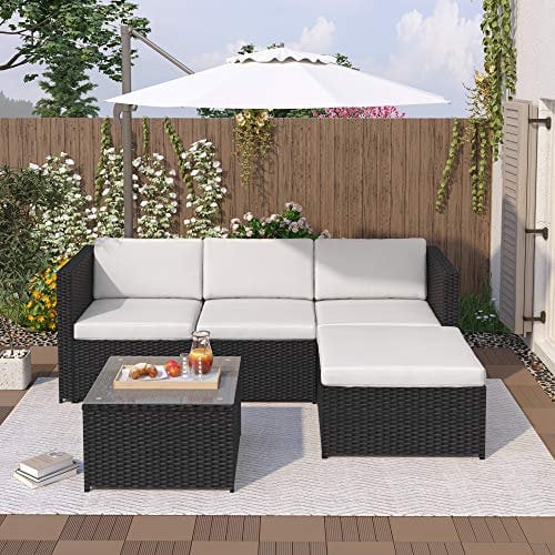 Merax Gartenmöbel, Polyrattan Lounge Gartenmöbel Set für 3-4 Personen, Balkon Möbel, Gartenlounge Outdoor mit Kissen und Glastisch, Terassenmöbel Außen, für Garten Balkon und Terrasse, Schwarz