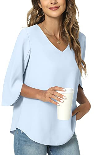 TAOHUADAO Womens Casual V-Neck Work Tunic Top for Leggings 3/4 Sleeve Chiffon Blouse Shirt Large, Light Blue