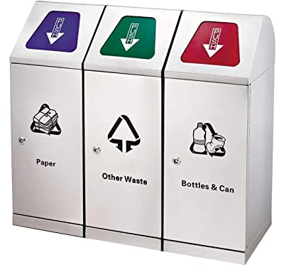 LSHTAR Cubos de basura para exterior Cubo de basura de calle, Cubo de basura triple de madera de acero inoxidable con sistema de etiquetas, Cubo de basura cuadrado con tapa