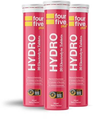 fourfive Hydration Tablets (Berry) Low Calorie Vitamin Electrolytes, Vegan, Magnesium & Calcium, Sports Hydration - 3x20 Effervescent Tablets