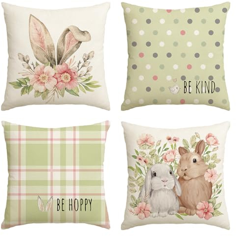 Artoid Mode Grün Hasenohren Hasen Blumen Ostern Kissenbezüge 4er Set, 45x45 cm Strifen Tupfen Frühling Zierkissenbezug Couch Wohnzimmer Deko