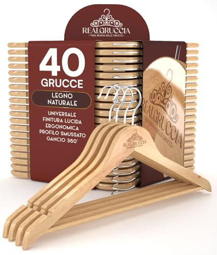 40 Perchas de Madera Natural para Ropa Camisas Chaquetas 22x45cm RealGruccia - Barra para Pantalones Gancho Giratorio 360° y Ranuras Antideslizantes para Hombros - Perfil Biselado y Acabado Liso