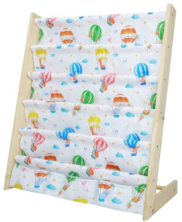 wooshwa Bücherregal Kinder für Kinderzimmer Kinderregal Regal kleines Bücherregal mit 5 Regale & 3 Tasche, Aufbewahrungsregal Bücher-Organizer aus Kiefer und Oxford-Stoff (Heißluftballons)