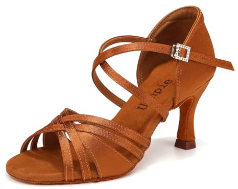 Uonpie Scarpe da Ballo Latino Americano per Donne Punta Aperta Tacco 7.5 cm,Marrone,38.5EU