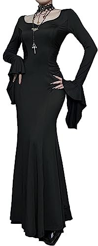 XKBHYD Womens Gothic Maxi Dresses V-Neck Vintage Slim Vampire Dress Dark Grunge Flare Long Sleeve Evening Long Dresses Black