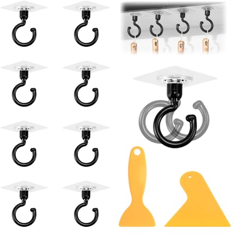 Pack of 8 Adhesive Hooks Ceiling Extra Strong, Hooks Self-Adhesive 360° Rotation, Wall Hooks with Scraper, No Drilling, Plastic Large Adhesive Hooks, Waterproof Ceiling Wall Hooks for Bathroom,
