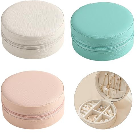 Boîte à bijoux de voyage ronde Boîte à bijoux portable Organisateur de bijoux de petite taille Porte-bijoux en cuir PU Mini étui à bijoux de voyage pour bagues, boucles d'oreilles, colliers (blanc)