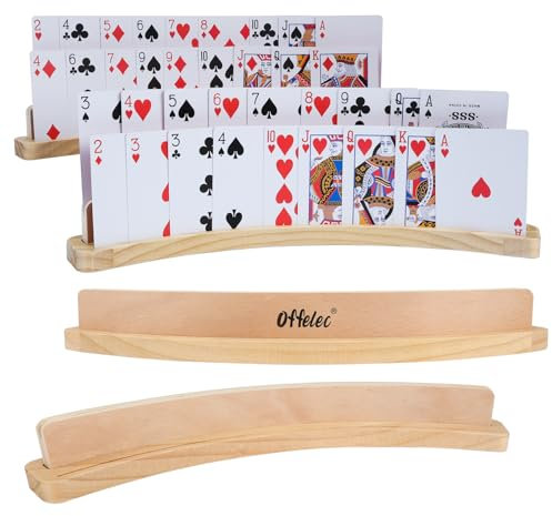 Offelec Lot de 4 porte-cartes à jouer en bois – 35,6 cm – 2 emplacements incurvés pour enfants et adultes, organiseurs de cartes empilables avec base antidérapante pour pont, jeux de stratégie, poker