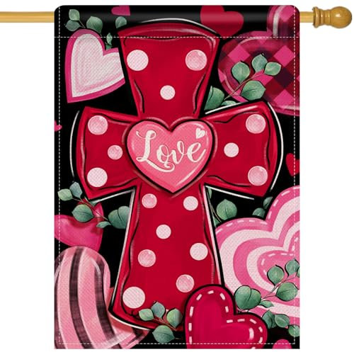 Artofy Valentinstag Christian Kreuz Große Dekorative Hausflagge, Religiöse Rosa Rot Liebe Herz Polka Dot Hof Garten Außendekoration, Jahrestag Hochzeit Outdoor Home Dekoration Doppelseitig 28 x 40