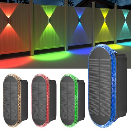 ELLASAY applique murale exterieur,RGB lampe solaire exterieur up and down IP65 étanches,3 couleurs luminaire solaire pour jardin Sans fil pour cour Jardin Piscines Maison Porch Clôture 4 Packs