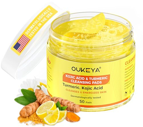 OUKEYA 50 Stück Turmeric Kojic Acid Pads für Gesicht, Sanftes Peeling Turmeric Cleansing Pads, Kurkuma Kojic Säure Reinigungspads feuchtigkeitsspendend und beruhigend