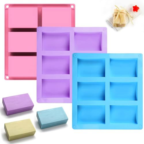 Jinsion 3 Pieces Silicone Soap Moulds,6 Cavities Rectangle Silicone Soap Molds for Homemade Craft Soap Mold,8x5.5cm Soap Moulds for Soap Making,Chocolate Mold,Ice Cube Tray,for DIY Homemade Craft