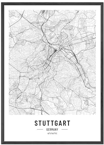 JUNOMI® Stuttgart Poster DIN A4 mit Rahmen Schwarz, DIN A4 Wohnzimmer Deko, Modernes Wandbild, Stuttgart Bild, Wandbild mit Rahmen, Stadtplan Poster Stuttgart, perfekte Geschenkidee für Stuttgarter