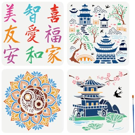 FINGERINSPIRE 4 Stück Schablonen Für Orientalische Kultur Mit Pinsel 4 Stile Schablonen Für Orientalische Architektur 30x30cm Schablone Für Chinesische Schriftzeichen Orientalische Themen Vorlage