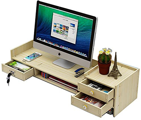 Supporto per monitor a 2 livelli in acero bianco con ripiano portaoggetti con cassetto bloccabile e riser per computer desktop da ufficio per computer PC Monitor