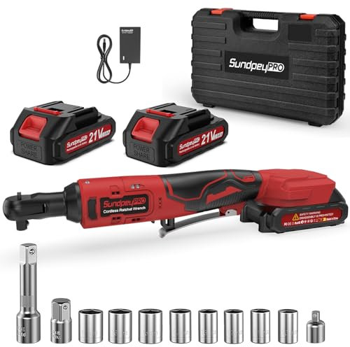 SundpeyPRO Clé à Cliquet Sans Fil Electrique 21V - Clé à Cliquet 100 N.m 300 tr/min, Cliquet Sans Fil 3/8 avec 2 Batteries 2000mAh, 8 Clés à Douille, Adaptateur 1/4 et 1/2, Tige D'extension