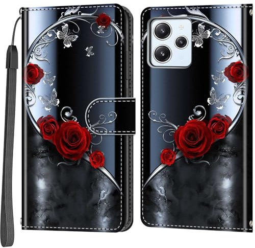 Salanheo Handyhülle für Xiaomi Redmi 12 4G / 12 5G / Note 12R Hülle, Magnetische Flip Stoßfeste Schutzhülle mit Standfunktion Kartenfächern Klapphülle Handytasche silberner Schmetterling